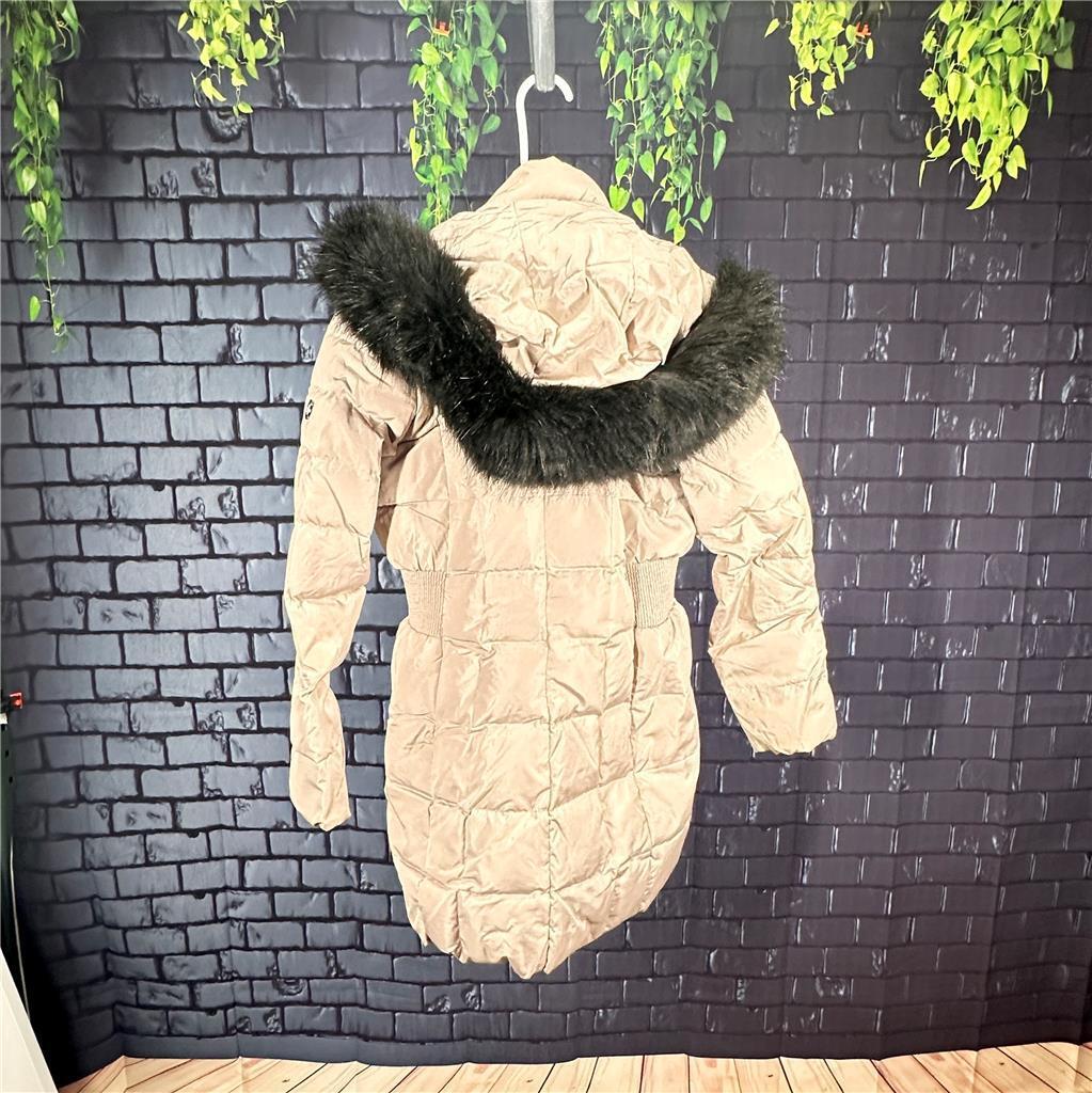 CALVIN KLEIN Women's XS Down Puffer Coat Fur Hood Jacket Tan Quilted Zip