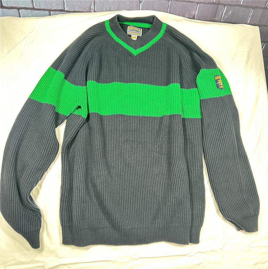 Nautica Marine Denim Co Men's Sweater XL Navy Blue with a Green Stripe