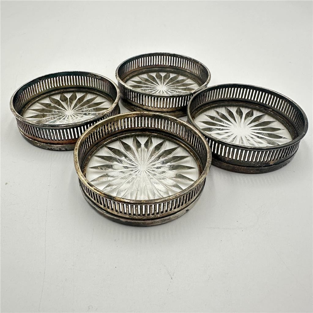 Vintage Silver Plated Glass Starburst Coasters Set Of 4