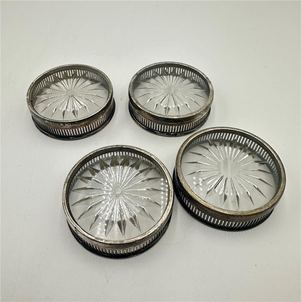 Vintage Silver Plated Glass Starburst Coasters Set Of 4