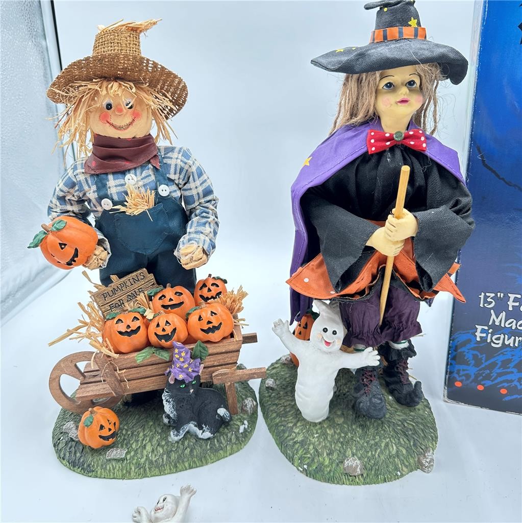 VTG Halloween Scarecrow and Witch 13" Fabric Mache Figurines