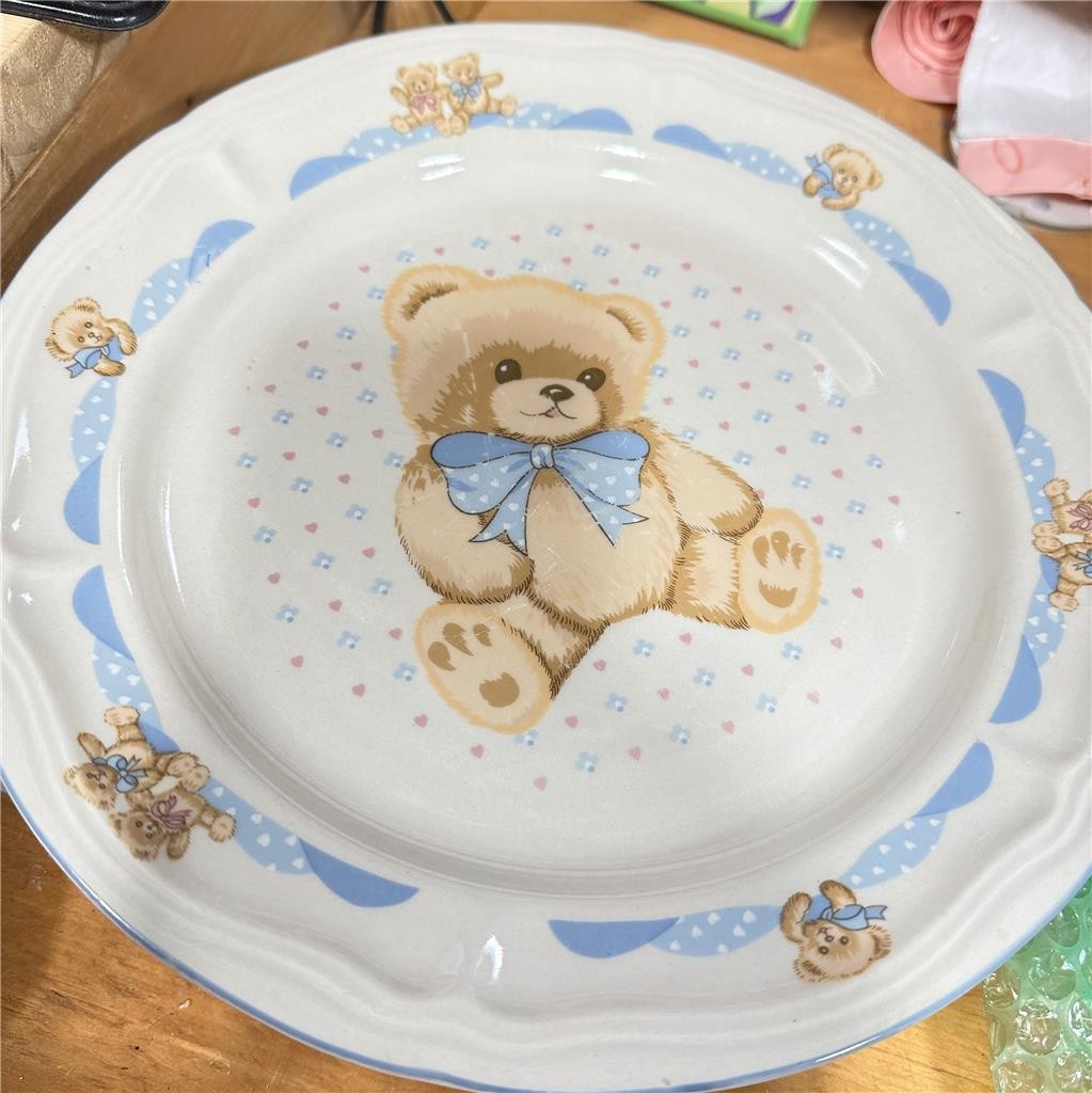 Vtg Tienshan Stoneware Teddy Bear Set of Dishes-11",8" and 6.5"