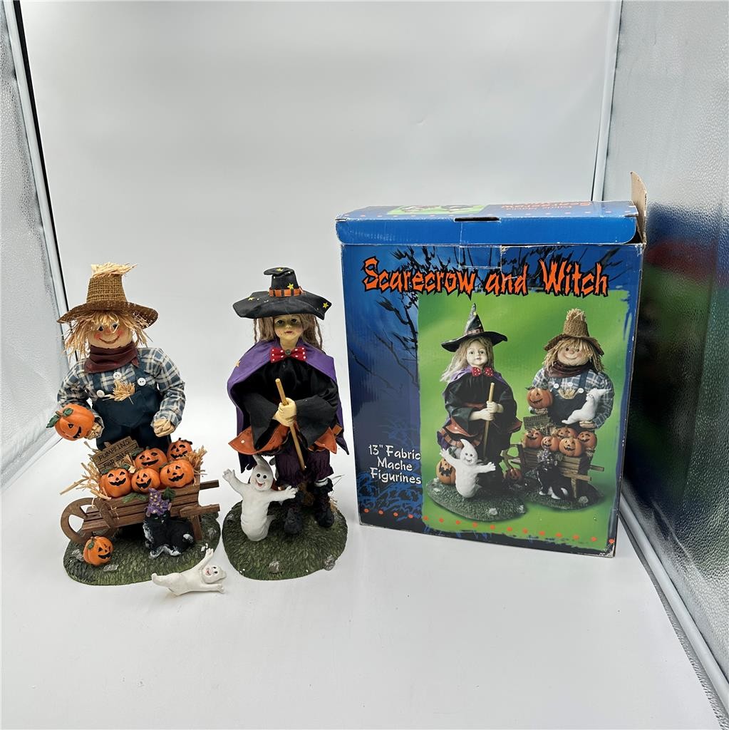 VTG Halloween Scarecrow and Witch 13" Fabric Mache Figurines