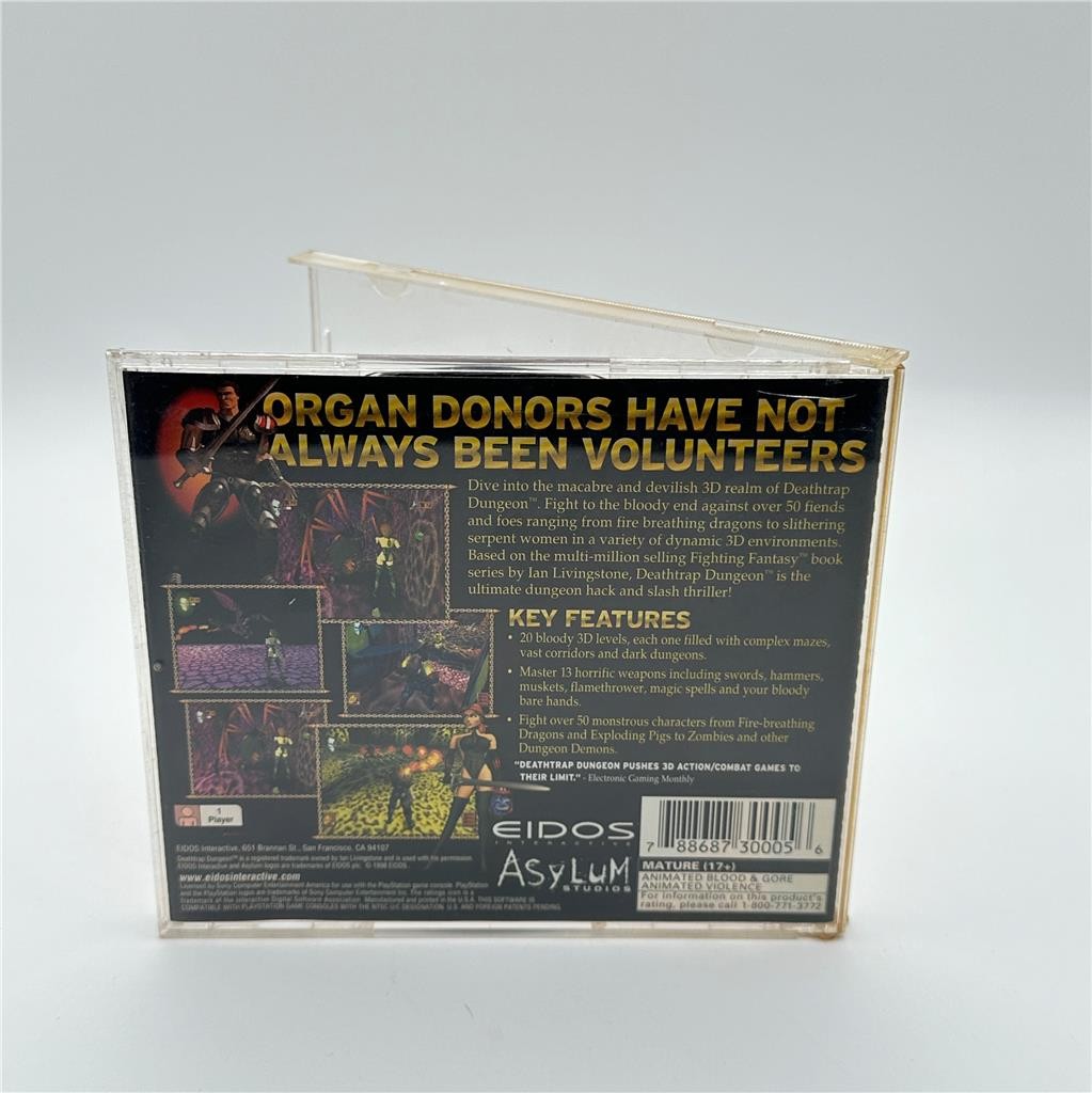 Deathtrap Dungeon (Sony PlayStation 1, 1998) Game and Back Cover Art