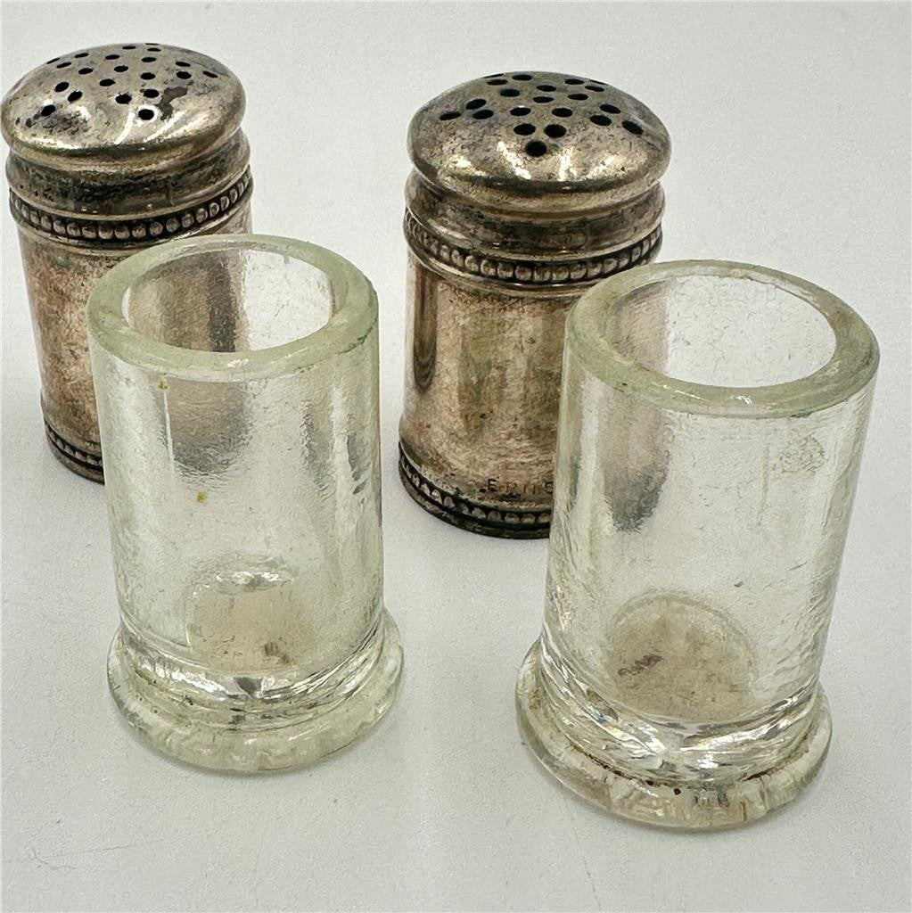 Antique Silver Plated Jackets over Glass 2" Salt and Pepper Shakers