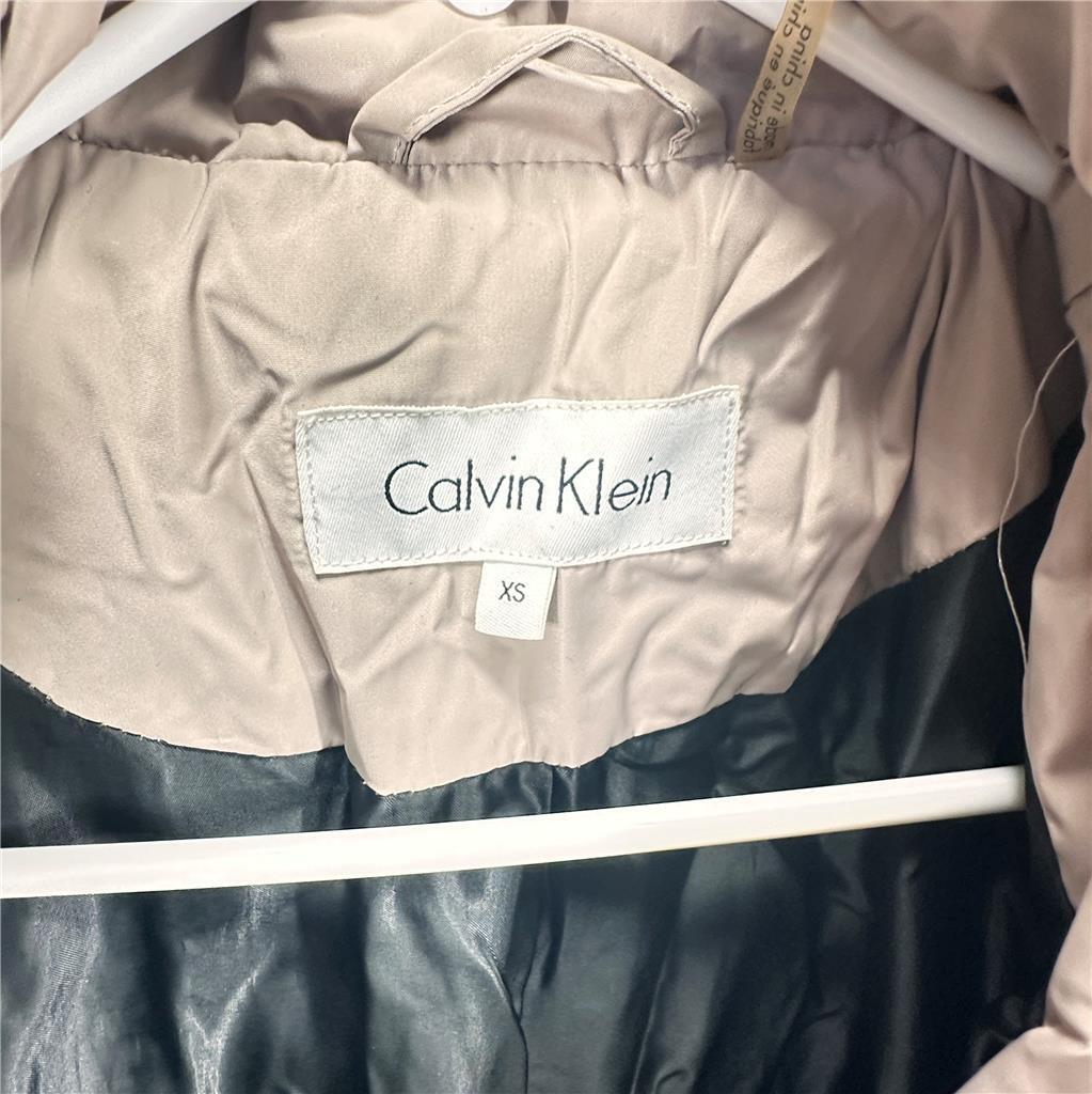 CALVIN KLEIN Women's XS Down Puffer Coat Fur Hood Jacket Tan Quilted Zip