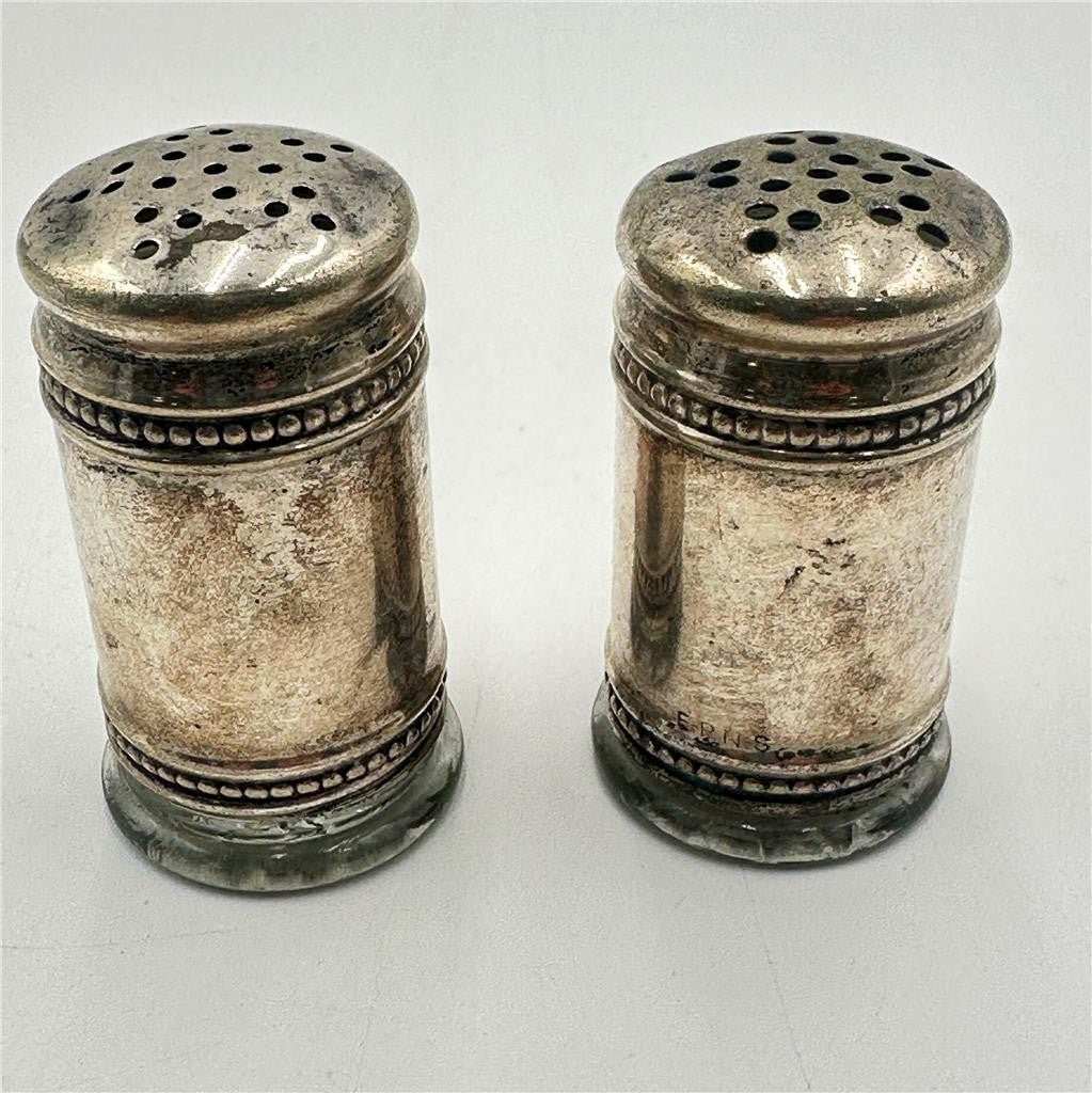 Antique Silver Plated Jackets over Glass 2" Salt and Pepper Shakers