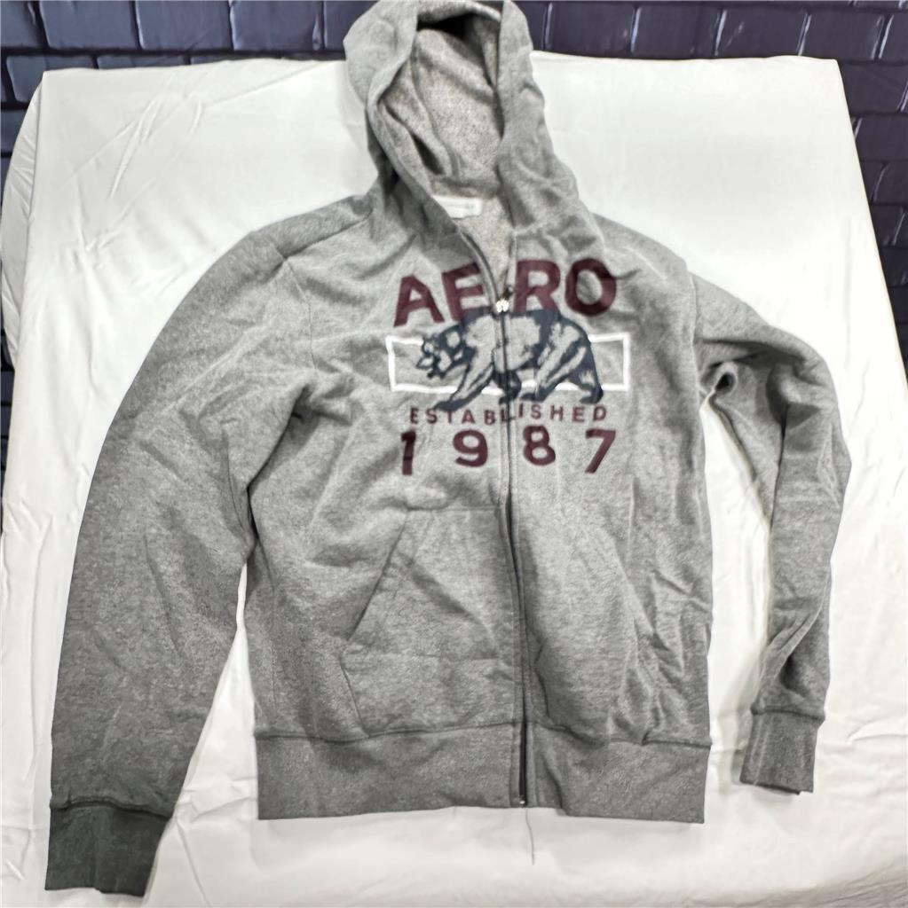 Aeropostale Hoodie Sweatshirt Aero Est 1987 Gray with Bear Picture Full Zip Pock
