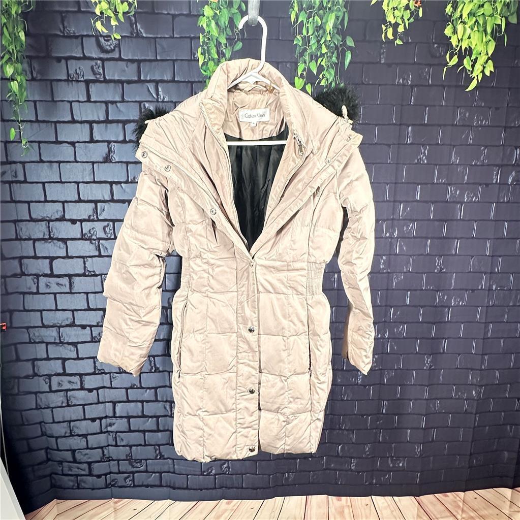 CALVIN KLEIN Women's XS Down Puffer Coat Fur Hood Jacket Tan Quilted Zip