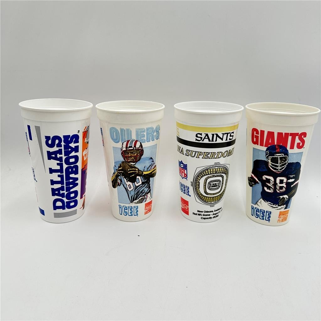 Vtg Lot Of 4 plastic promotional Collectible Cups NFL Football Icee Coca-Cola