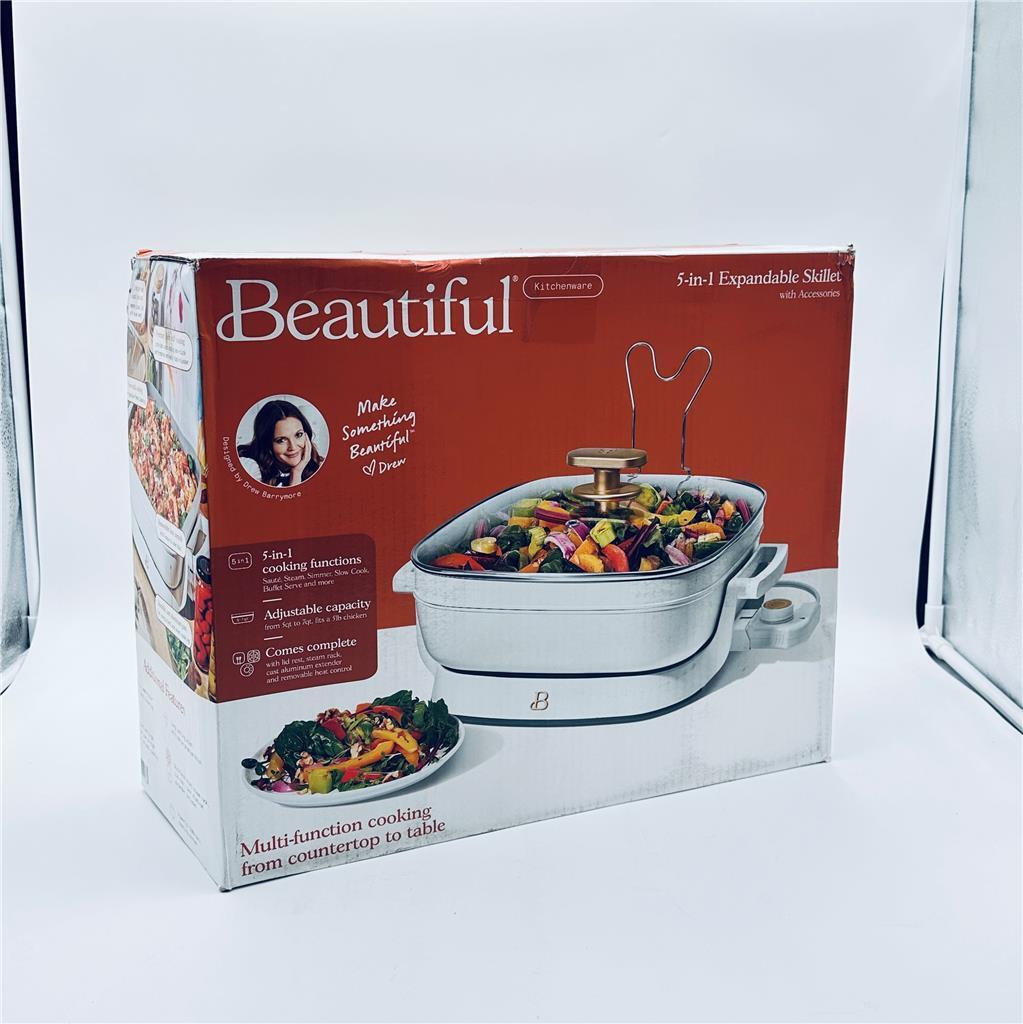 Beautiful 5 in 1 Electric Skillet - Expandable up to 7 Qt with Glass Lid-White