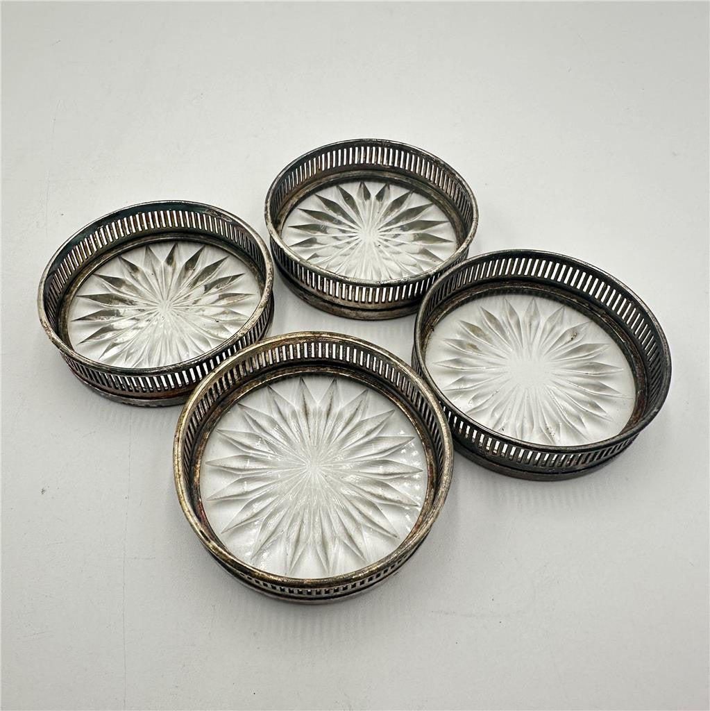 Vintage Silver Plated Glass Starburst Coasters Set Of 4