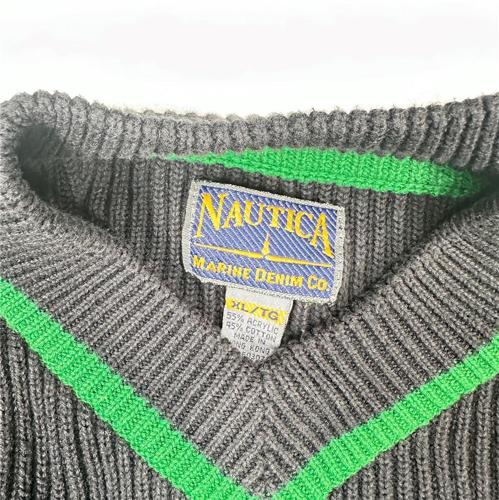 Nautica Marine Denim Co Men's Sweater XL Navy Blue with a Green Stripe