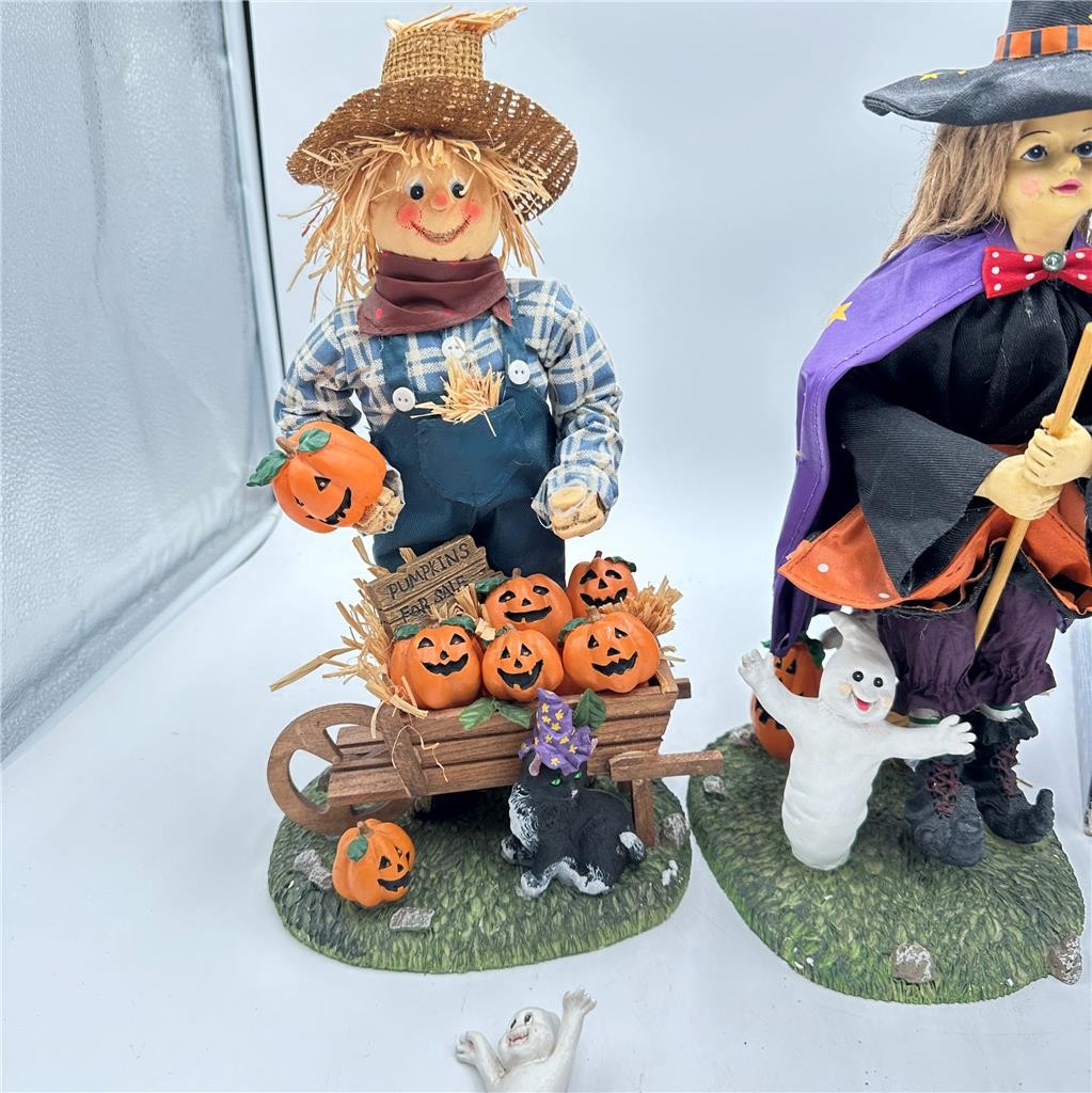 VTG Halloween Scarecrow and Witch 13" Fabric Mache Figurines