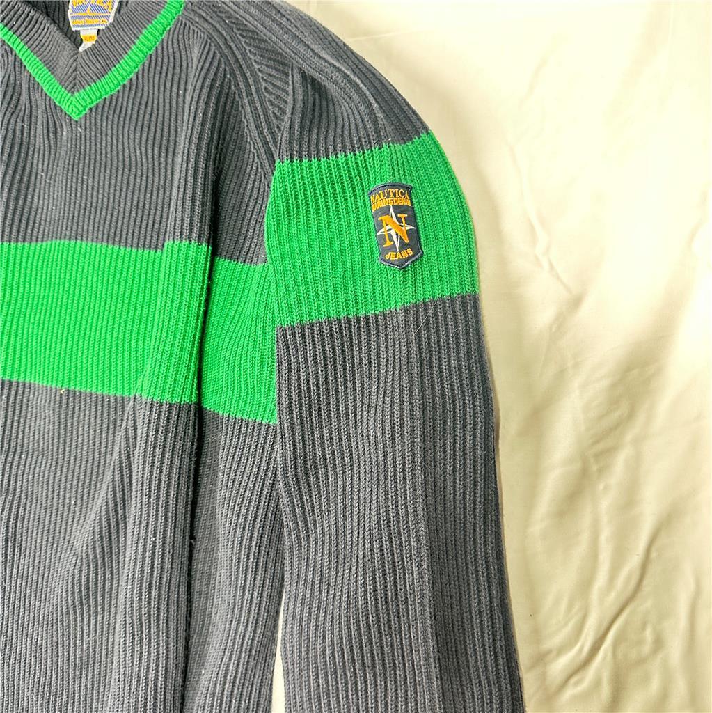 Nautica Marine Denim Co Men's Sweater XL Navy Blue with a Green Stripe