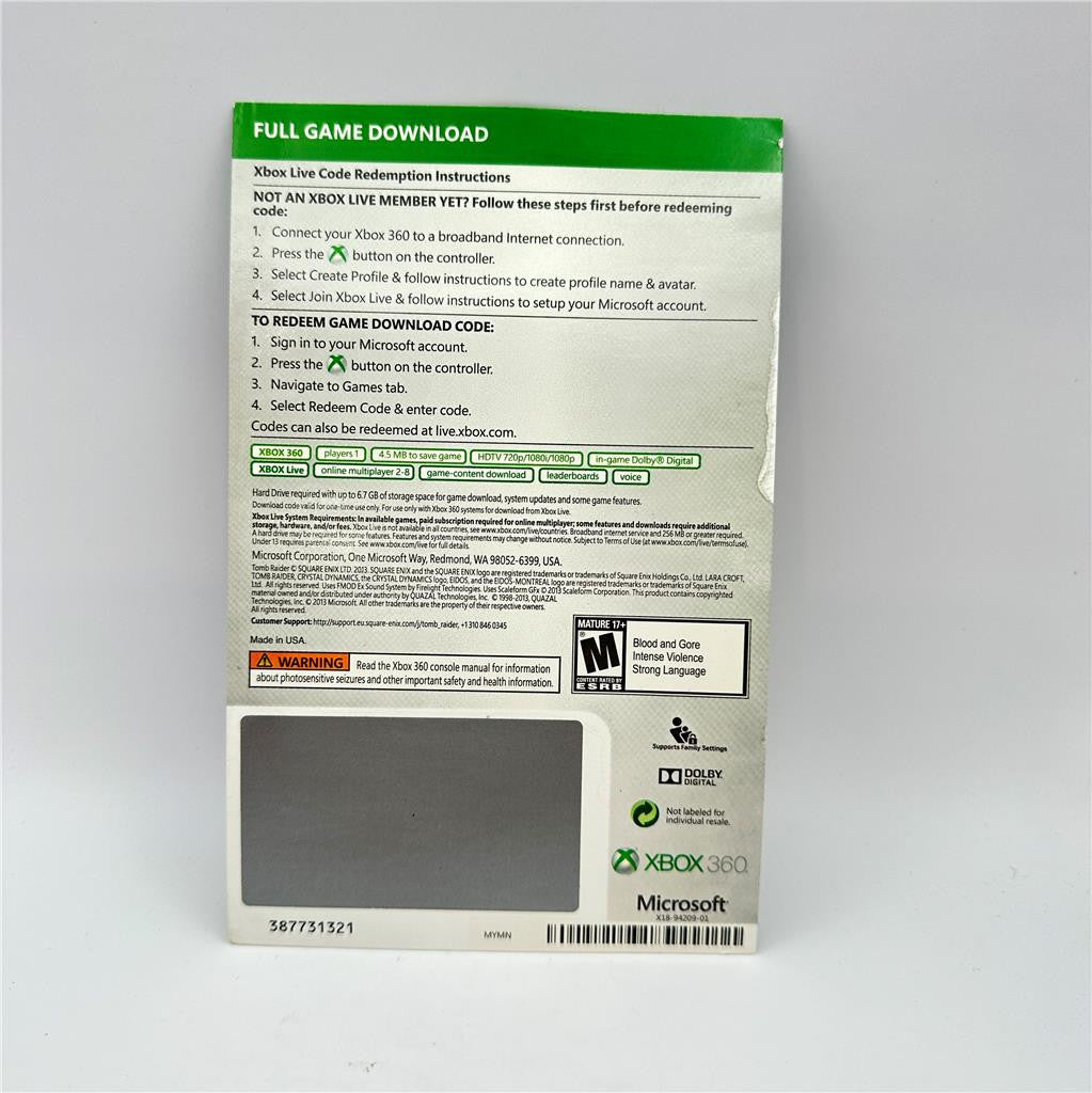 Tomb Raider  - Microsoft Xbox 360 - Code Card Not Used