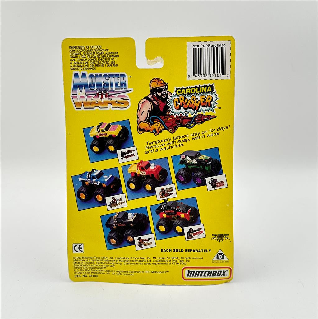 Vintage Matchbox Monster Wars CAROLINA CRUSHER & Tattoo 1993 Truck NEW in Box