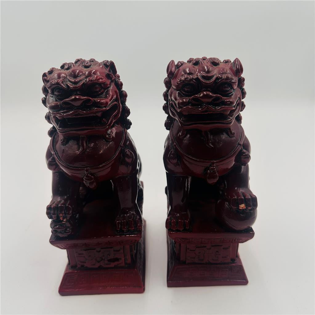 Lot of 2  Chinese Red Resin Foo Lions 7"
