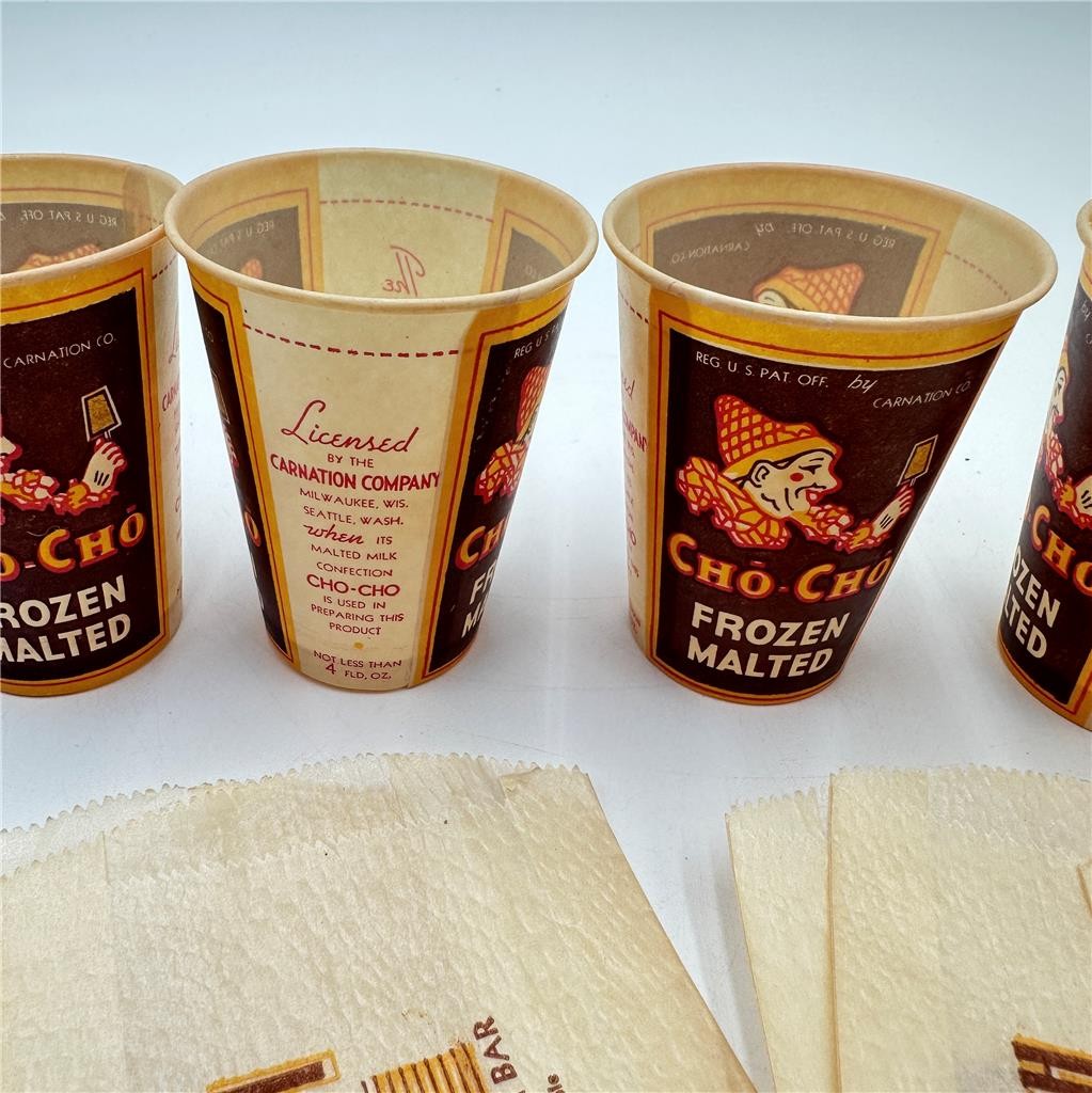 Vtg Cho-Cho Frozen Malted Paper/Wax 4 FLOZ Cups & Kold Krunch Ice Cream Bags (5)
