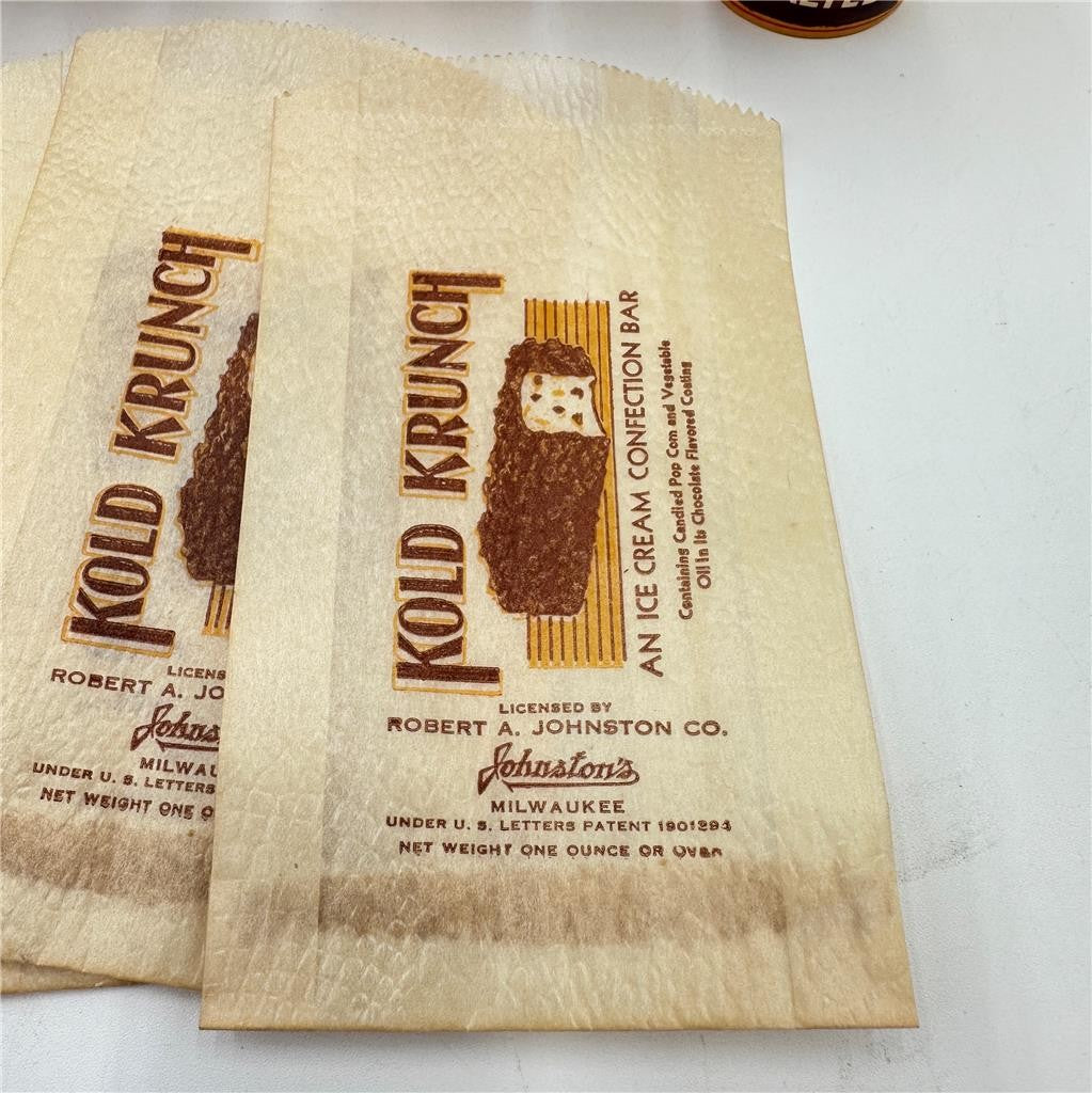 Vtg Cho-Cho Frozen Malted Paper/Wax 4 FLOZ Cups & Kold Krunch Ice Cream Bags (5)