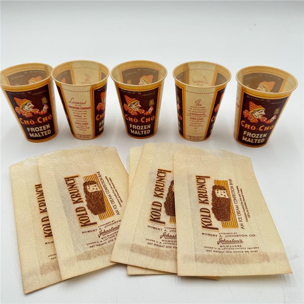 Vtg Cho-Cho Frozen Malted Paper/Wax 4 FLOZ Cups & Kold Krunch Ice Cream Bags (5)