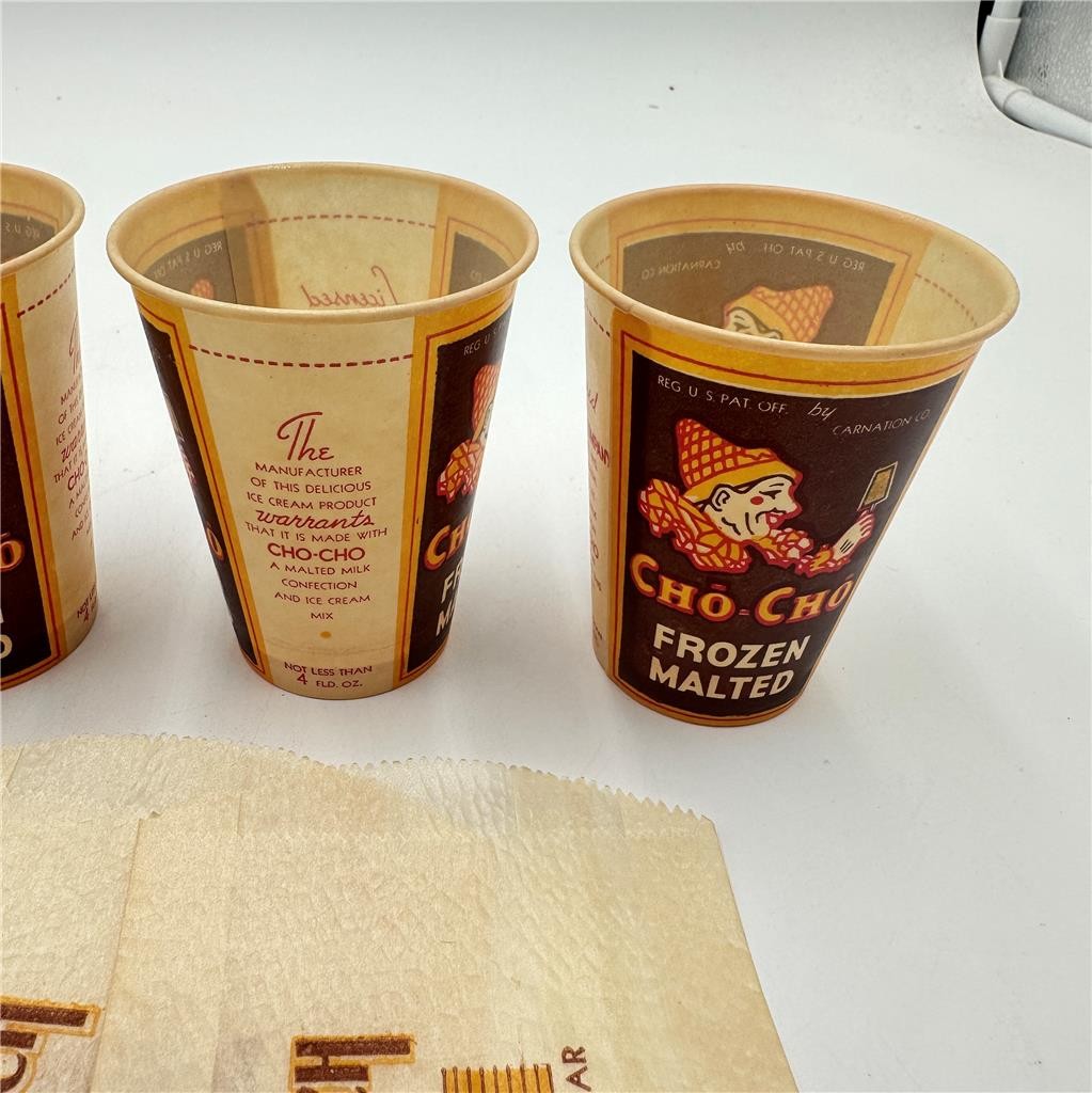 Vtg Cho-Cho Frozen Malted Paper/Wax 4 FLOZ Cups & Kold Krunch Ice Cream Bags (5)