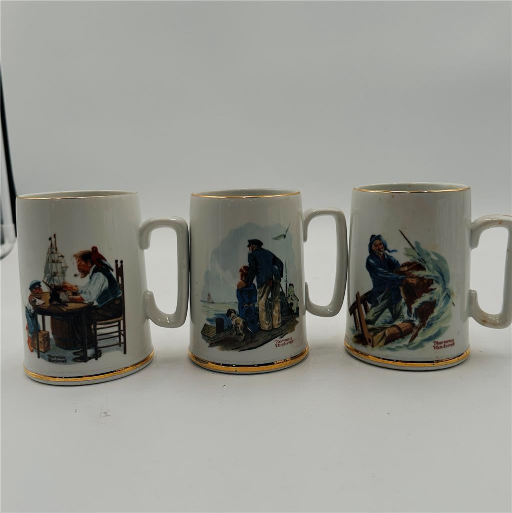 Long John Silvers Porcelain Tankard Mug Set Of 3 Norman Rockwell Seafarers 1985